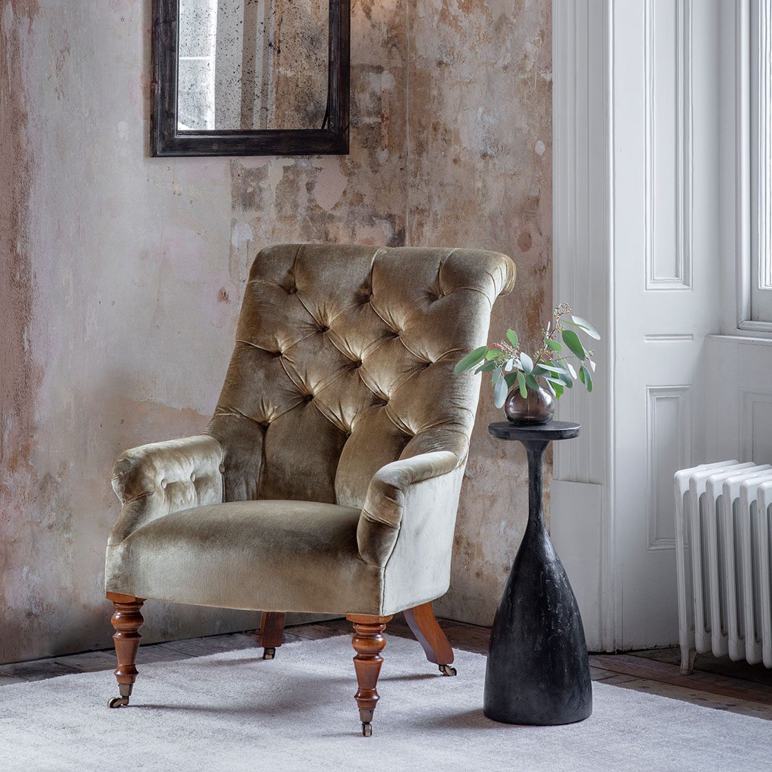 Waterford chair in Capri silk velvet - French grey with Oakleaf light and Arcus mirror - Beaumont & Fletcher