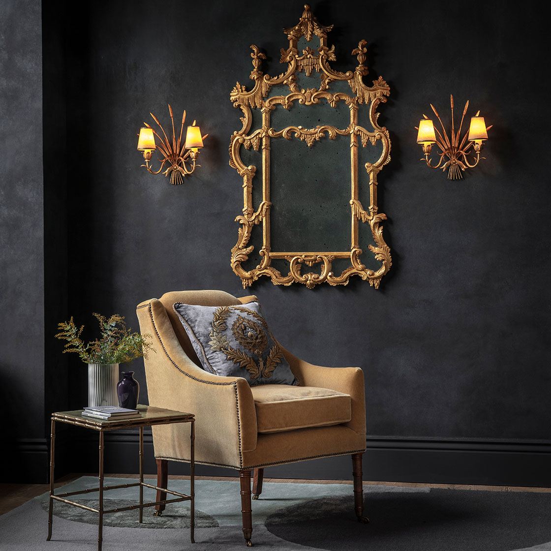 Alexandra chair in Casaleone - Fawn with Wheatsheaf wall light and Chinoiserie mirror - Beaumont & Fletcher