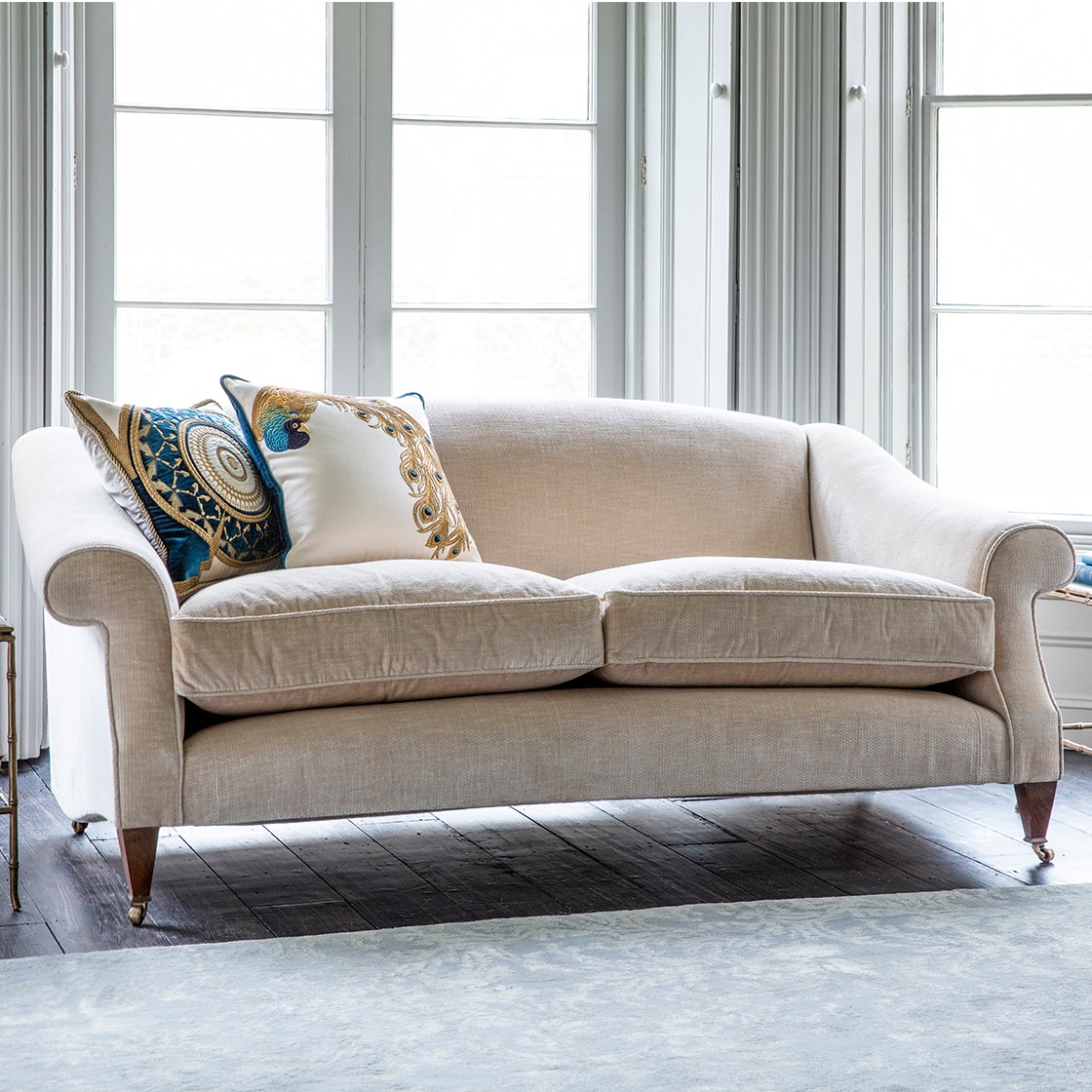Masefield sofa in Troilus - Parchment with Pavo and Ettore cushions - Beaumont & Fletcher