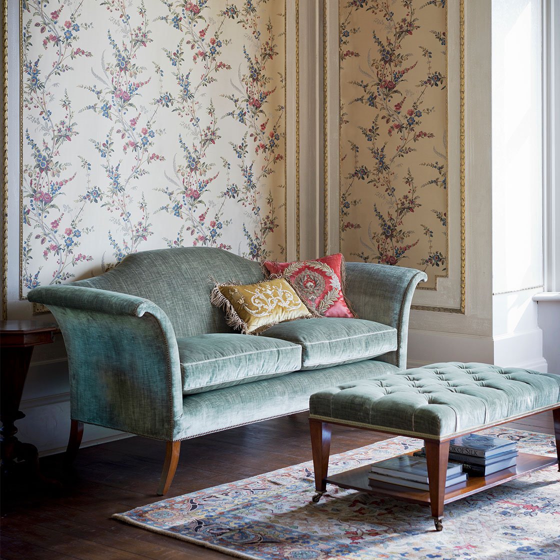 Clarence sofa in Como silk velvet - Moss with Thalia cushion and Rossini cushion - Beaumont & Fletcher