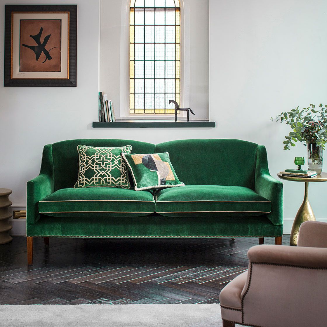 Edgar 2.5 seater sofa in Capri silk velvet - Emerald with Piet and Habibi Cushions - Beaumont & Fletcher
