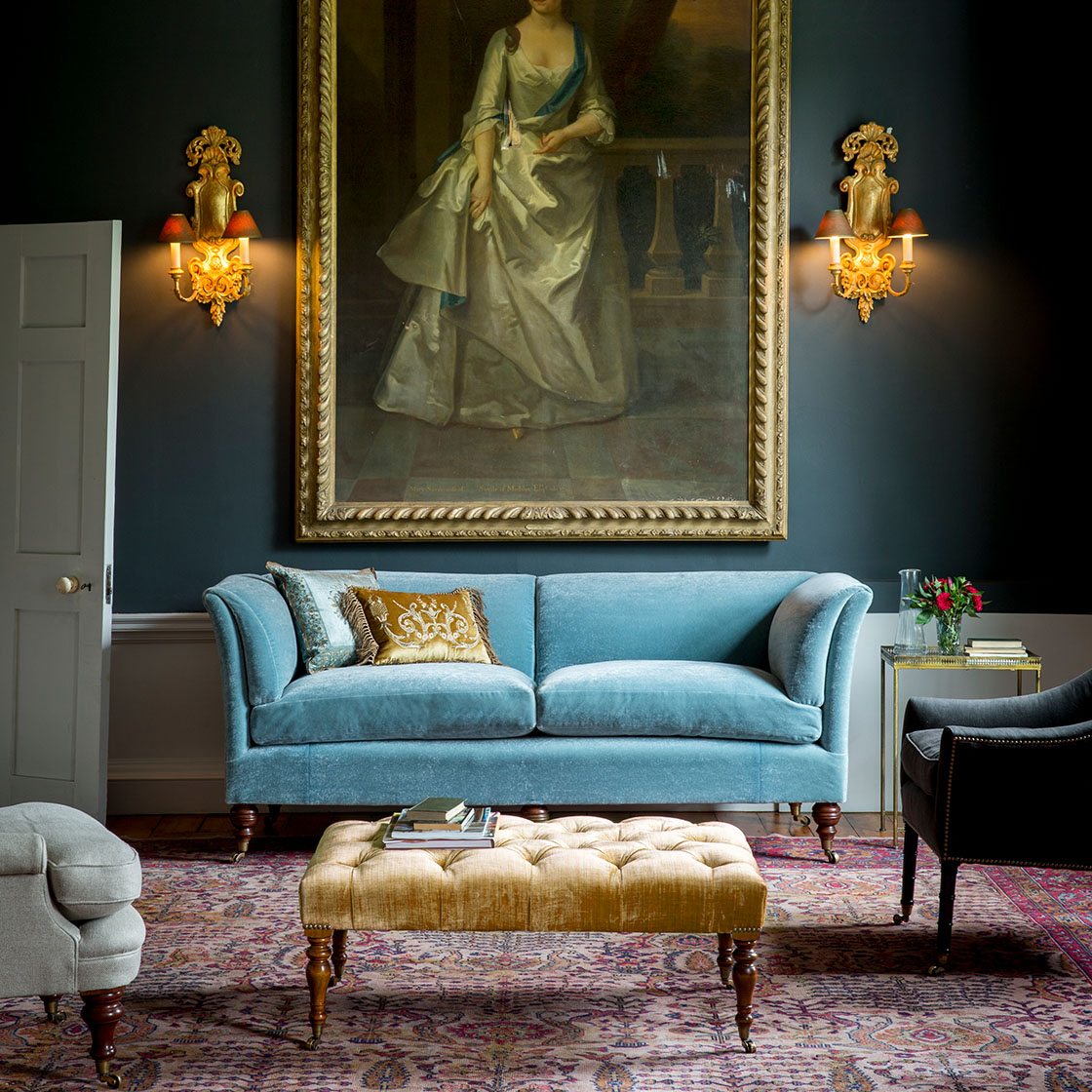 Pompadour high back sofa in Casaleone -Cambridge blue With Thalia and Sophia cushions - Beaumont & Fletcher