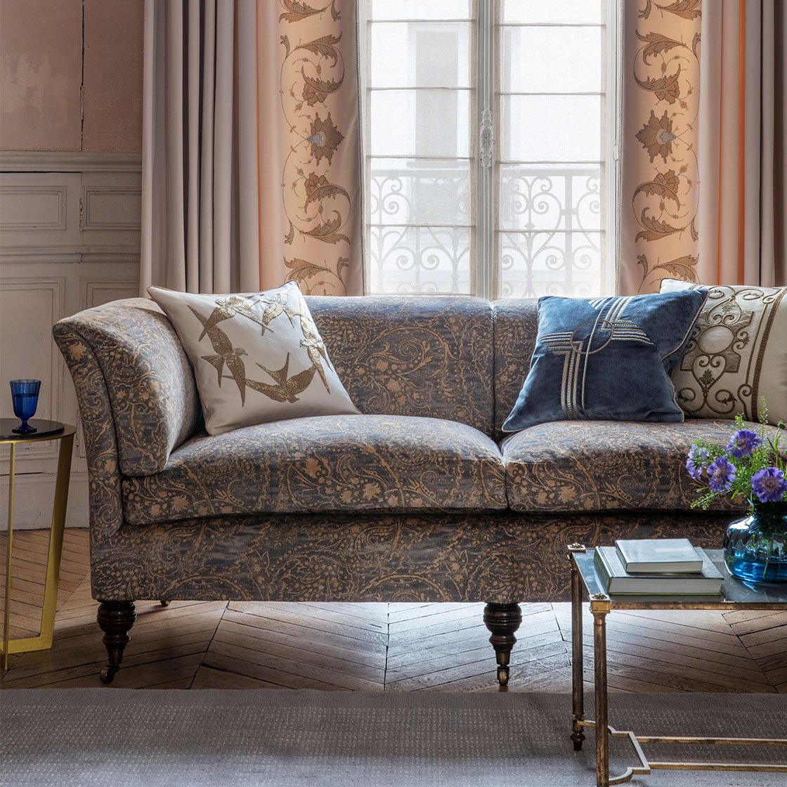 Pompadour sofa in Balthazar - Dusk with Rigoletto curtains, Elvira, Earhart and Cordoba cushions - Beaumont & Fletcher