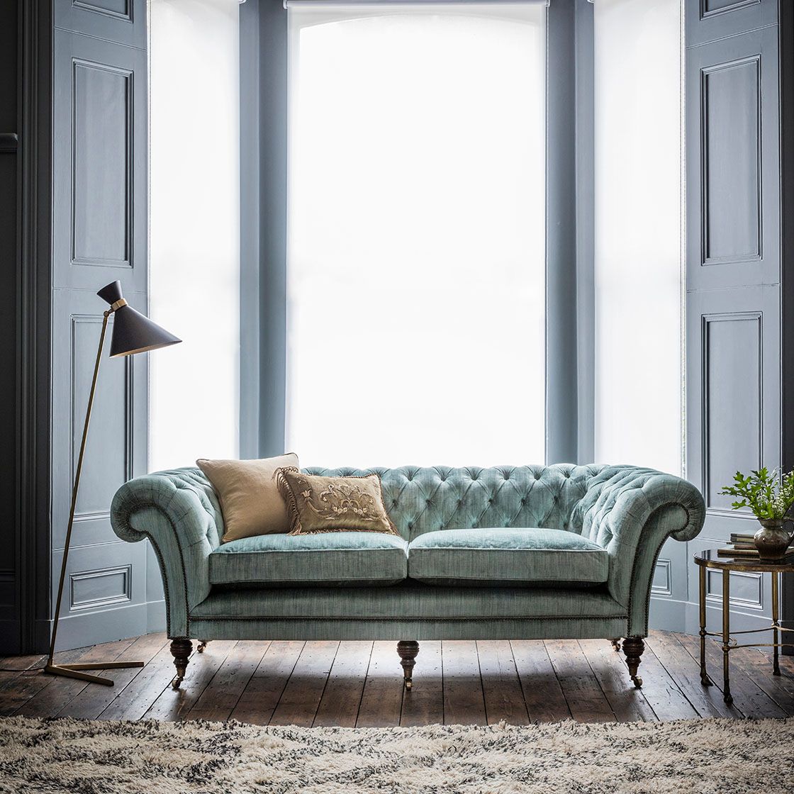 Grenville 3 seater sofa in Como silk velvet - Teal with Thalia cushion - Beaumont & Fletcher