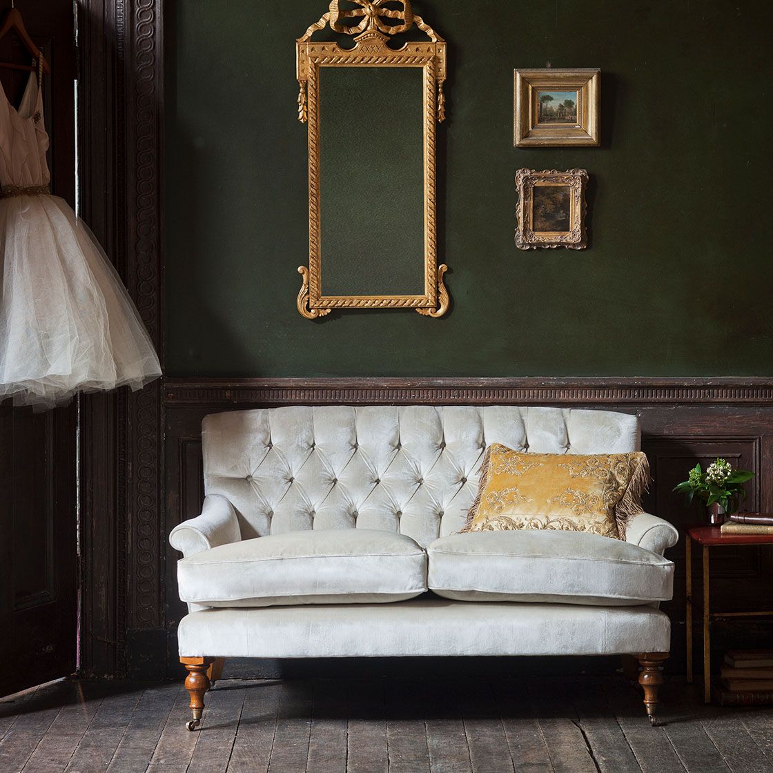 Emily 2 seater sofa in Capri silk velvet - Stone with Adam mirror with Viola cushion - Beaumont & Fletcher