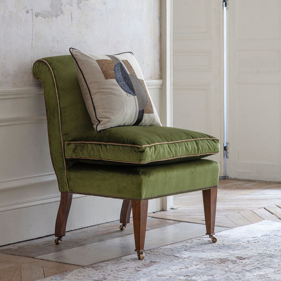 Lydia chair in Capri silk velvet - Georgian green with Elektra panel and Tamburlaine cushion - Beaumont & Fletcher