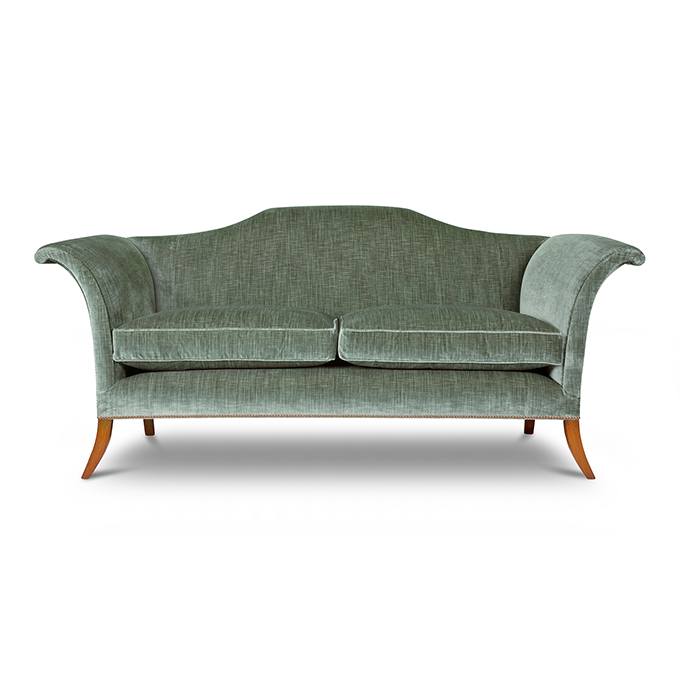 A bespoke Georgian style sofa in a luxurious pale green silk velvet.