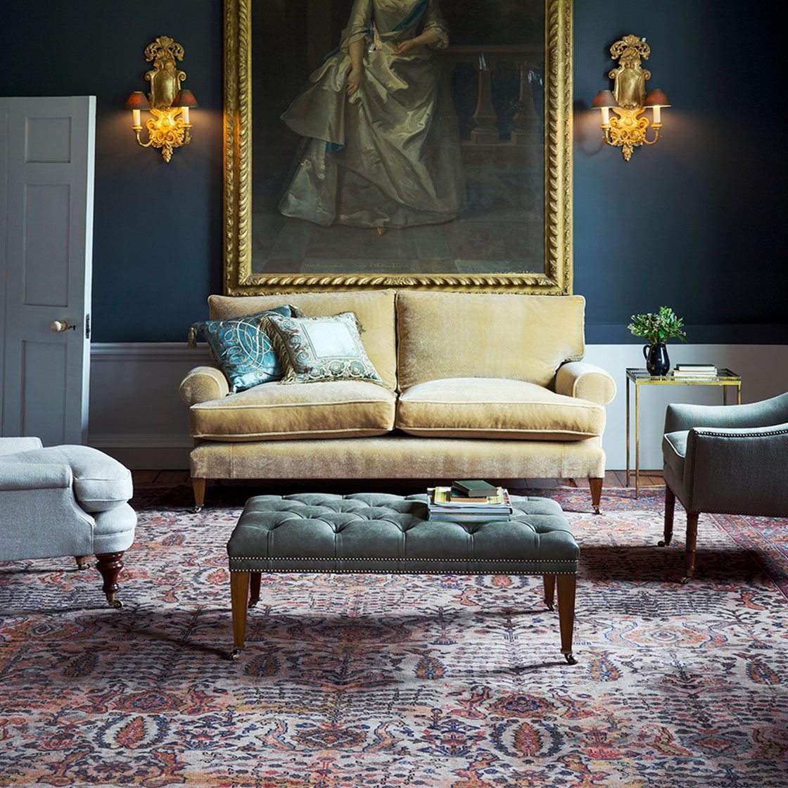 Brummel footstool in Siena leather - Sage with Marlborough sofa - Beaumont & Fletcher