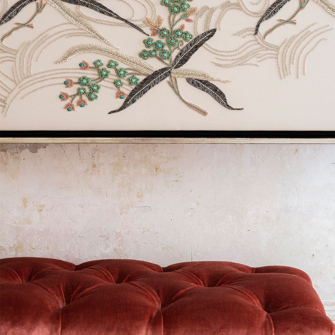 Alexandra footstool in Capri silk velvet - Terracotta with Sevilla panel - Beaumont & Fletcher