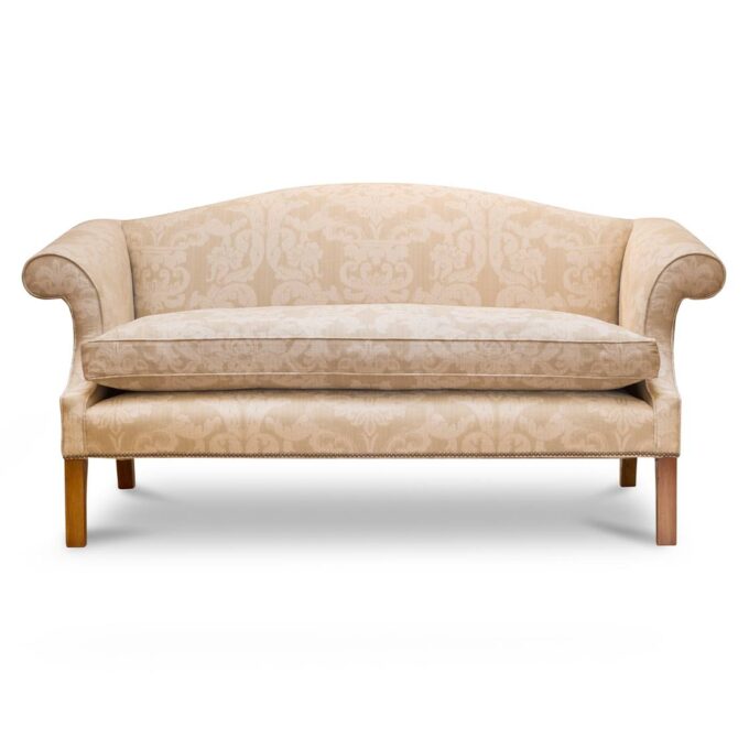 A bespoke Georgian style sofa upholstered in a modern damask fabric.