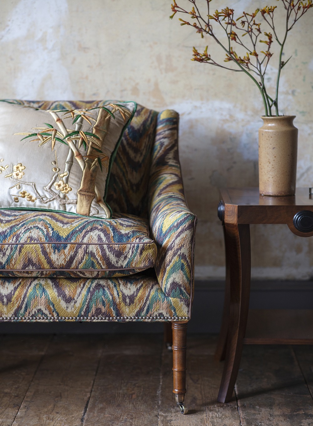 Ariana cushion in Capri silk velvet - Stone with Alexandra sofa in Kyma - Rio and Duke side table