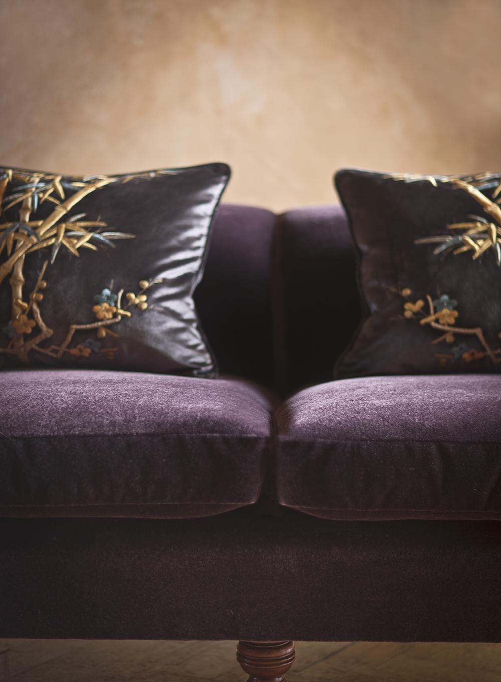 Ariana cushion in Capri silk velvet - Midnight with Pompadour high back sofa in Casaleone - Amethyst