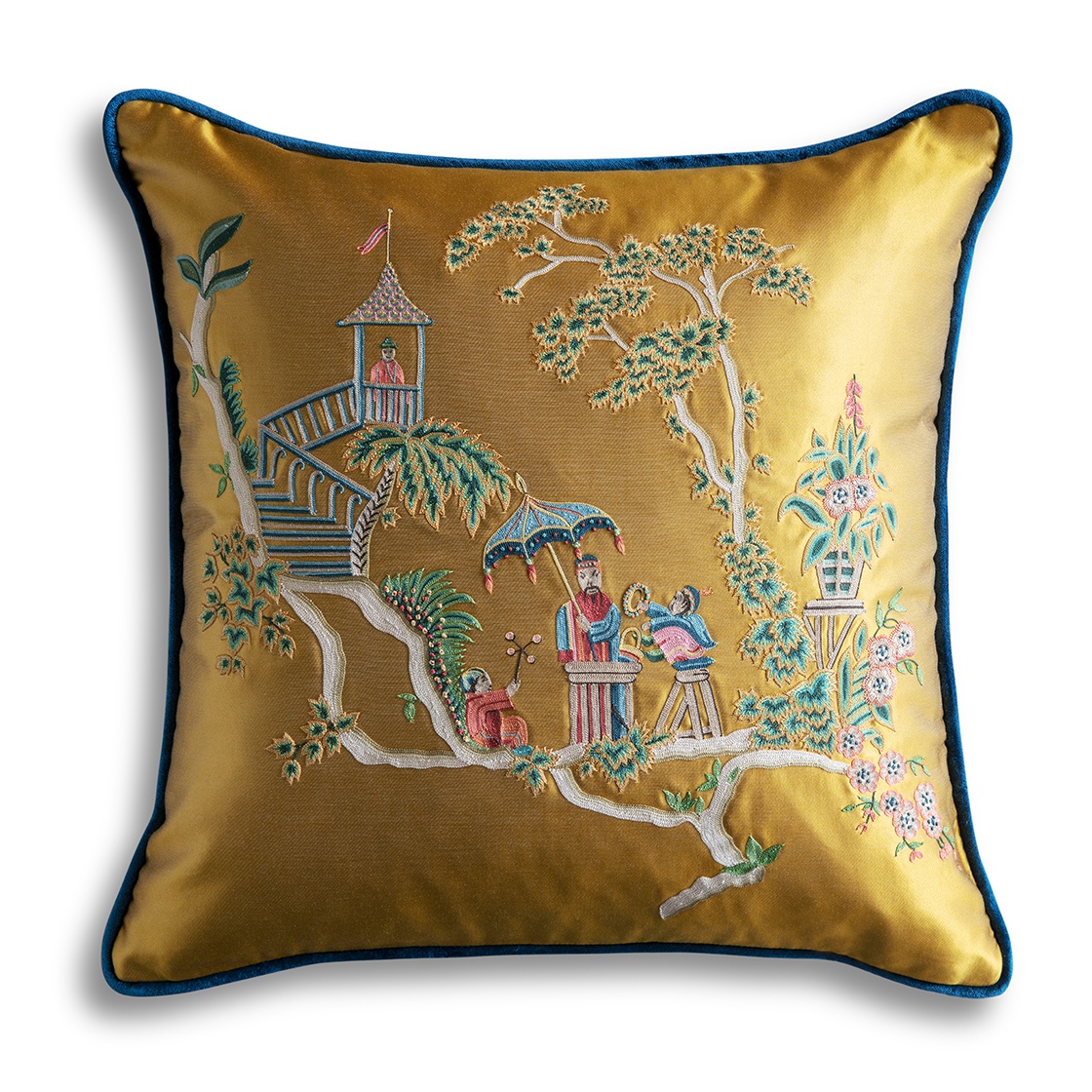 Cathay cushion in Gold satin with Capri - Prussian Blue - Beaumont & Fletcher