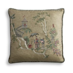 Whimsical, chinoiserie hand embroidered cushion design in golden silk.