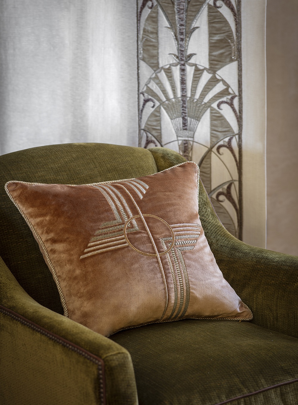 Earhart cushion in Capri silk velvet - Copper with Edgar chair in Troilus - Lichen and Montano embroidery on drapes in Lagan - Oyster
