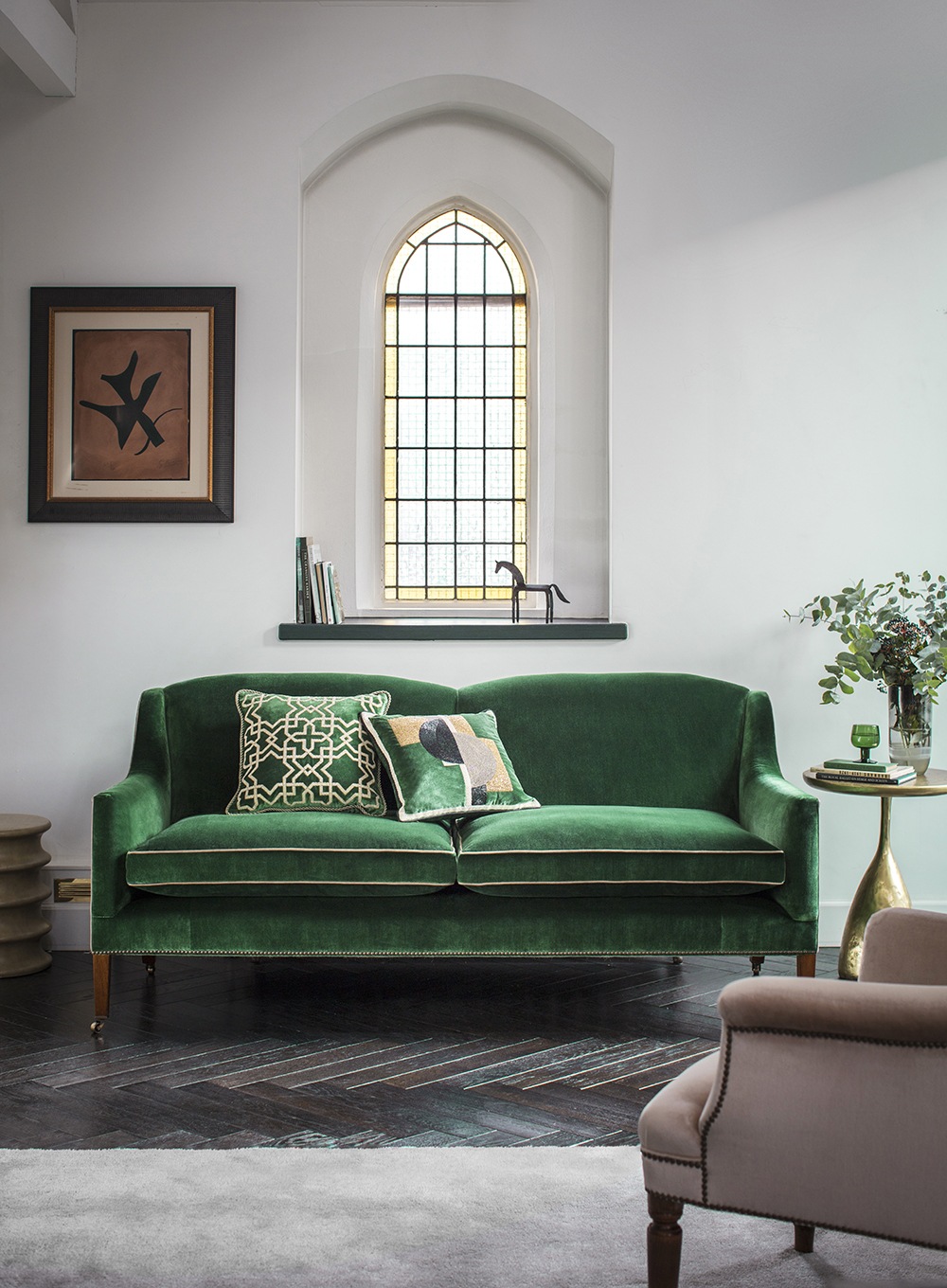 Habibi and Piet cushions in Capri silk velvet - Emerald on Edgar 2.5 seater sofa in Capri silk velvet - Emerald