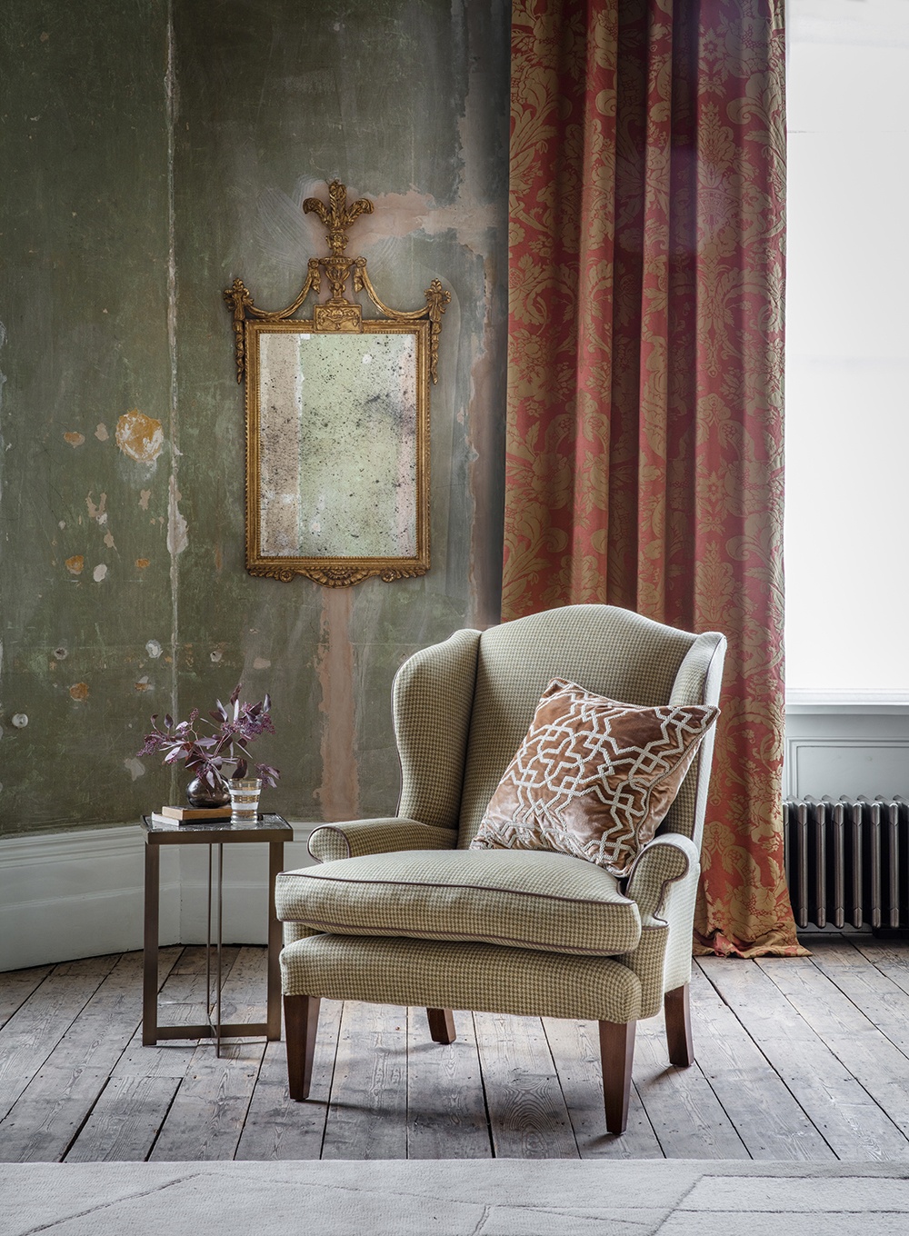 Habibi cushion in Capri silk velvet - Copper on Clubwing chair in Argyll check - Lichen with Windsor mirror