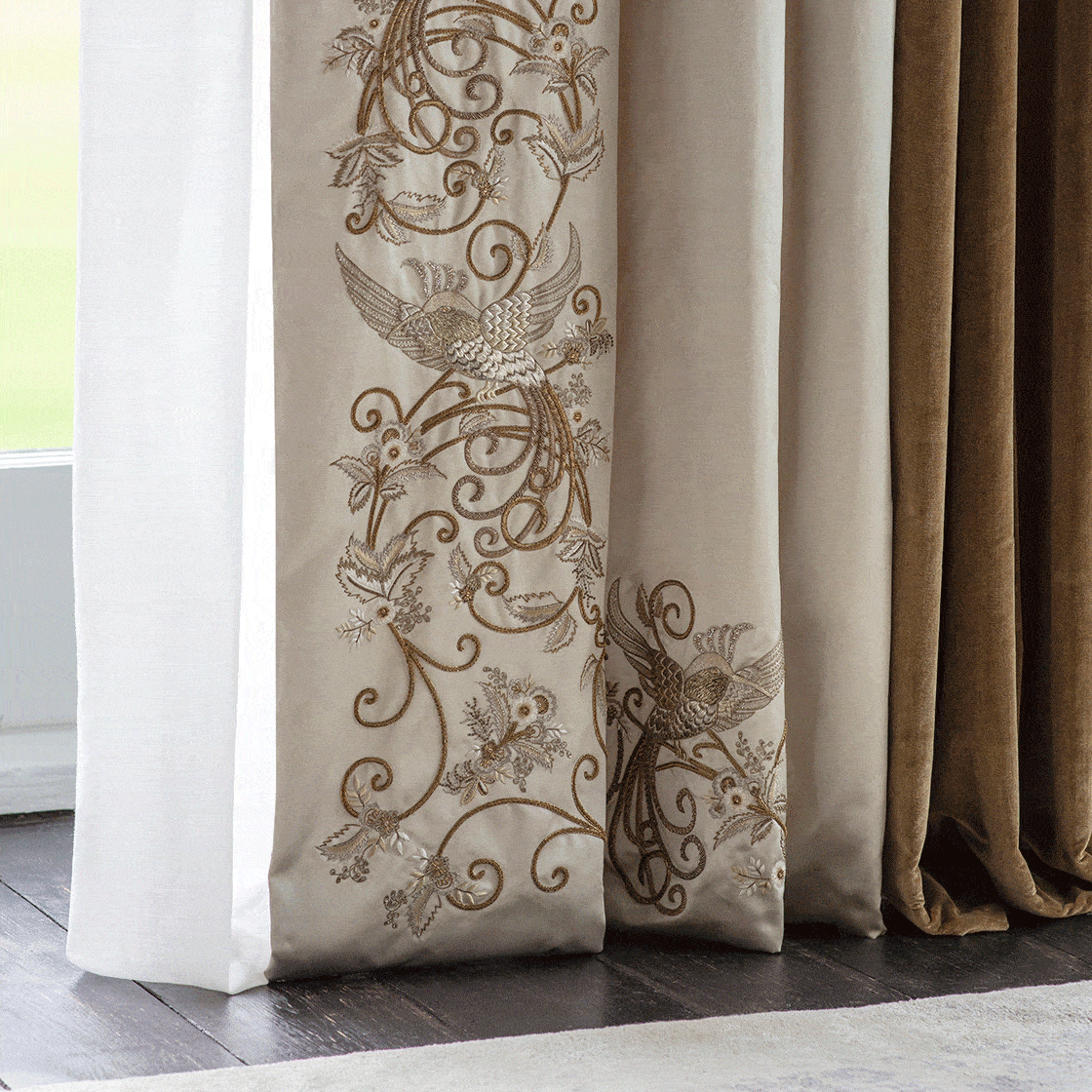 Papageno embroidery on drapes in Plain satin - Light sage Papageno embroidery on drapes in Plain satin - Light sage