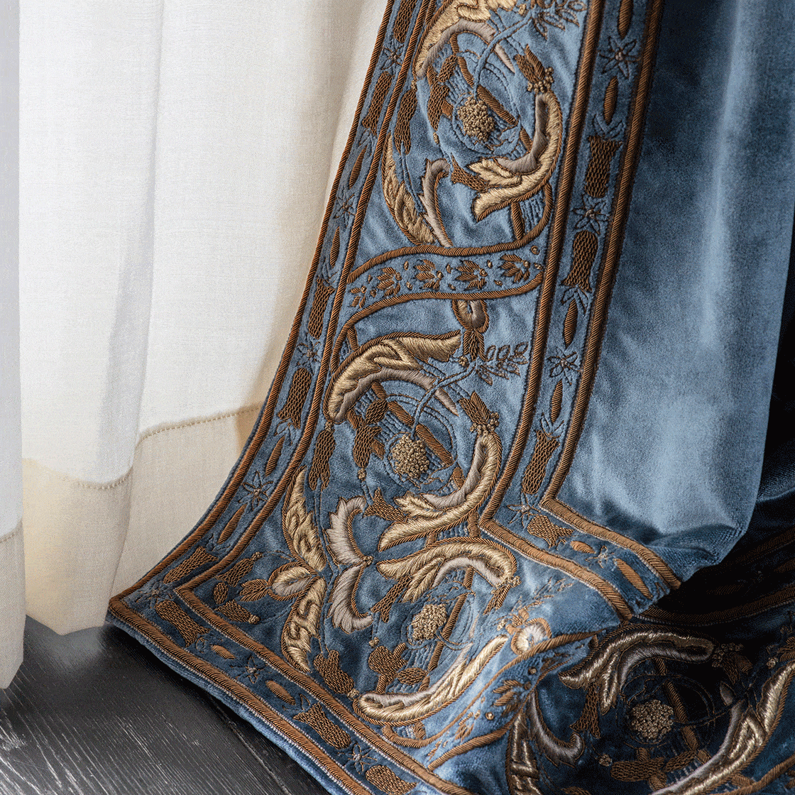 Racine embroidery on drapes in Capri Silk velvet - Nankin - Beaumont & Fletcher