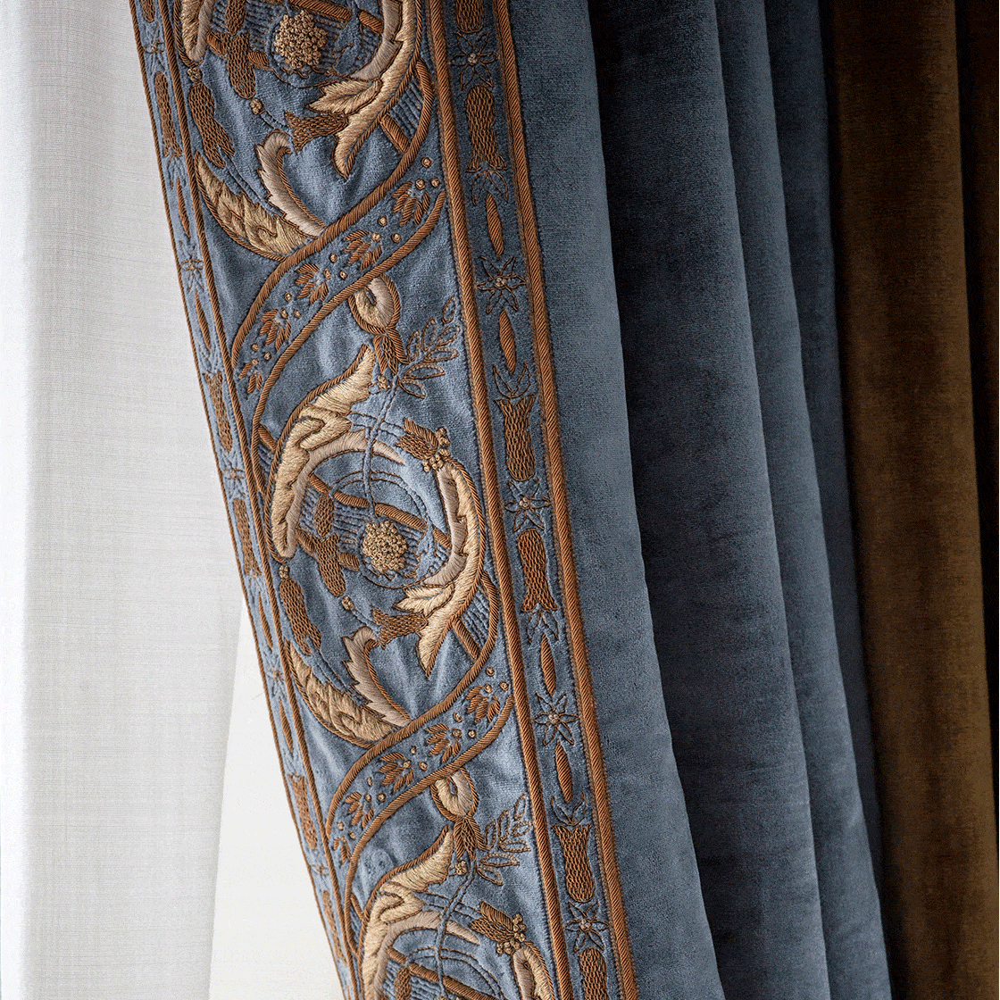 Racine embroidery on drapes in Capri Silk velvet - Nankin - Beaumont & Fletcher