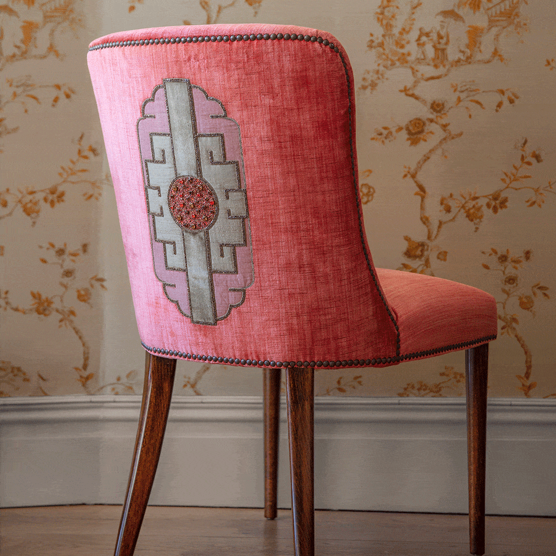 Tamburlaine embroidery on Calypso dining chair in Como silk velvet - Pompeiian red