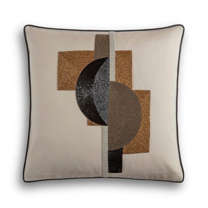 A cream wool designer cushion hand embroidered with a heavily beaded Art Deco design