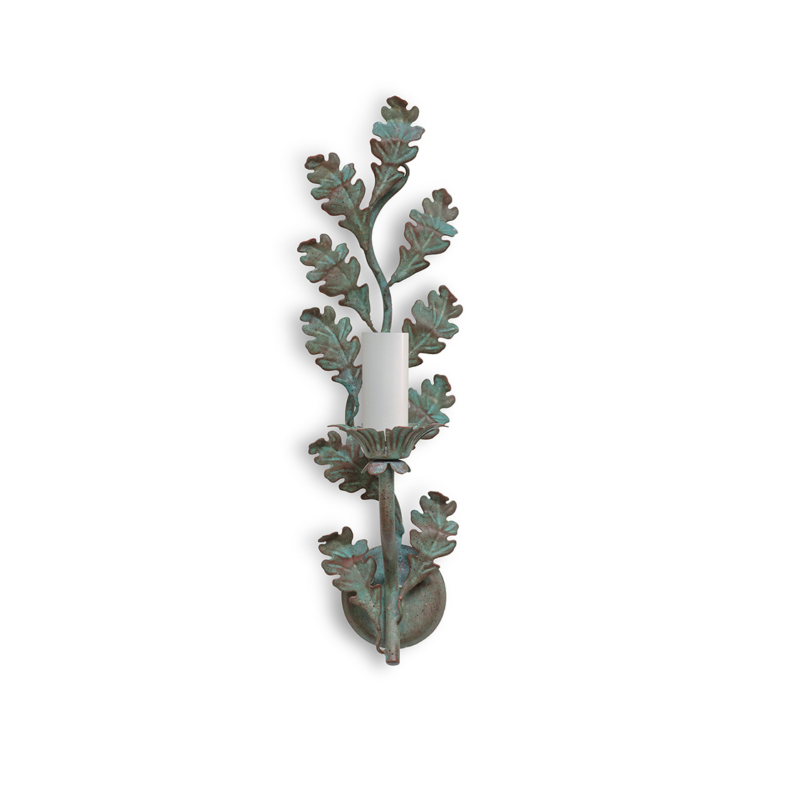 Woodbury wall light in Verdigris - Beaumont & Fletcher A decorative wall light in green wrought iron with an ornate oak leaf design. - Beaumont & Fletcher