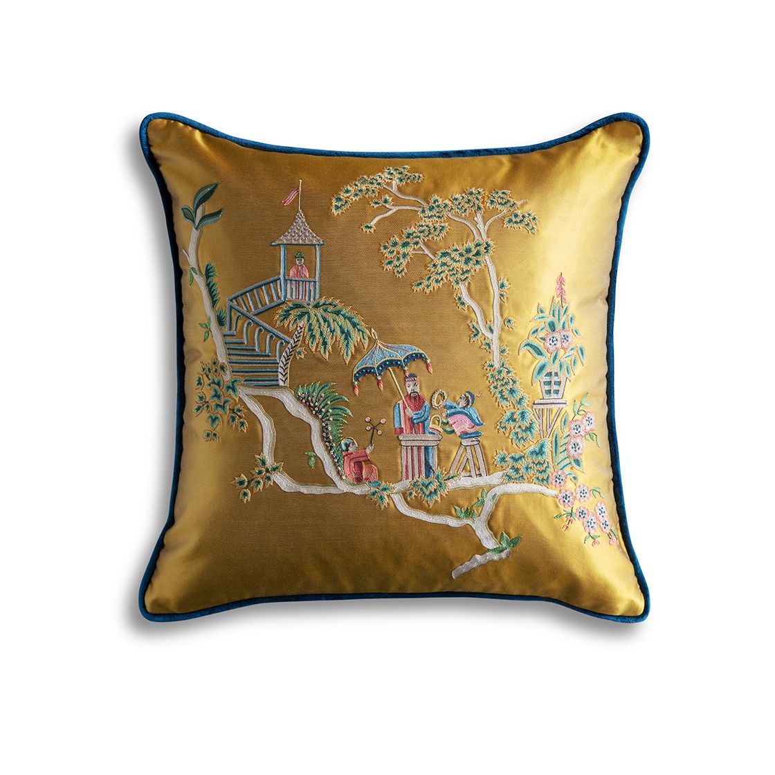 Cathay Cushion on Gold Satin with Capri - Prussian Blue - Beaumont & Fletcher - Beaumont & Fletcher