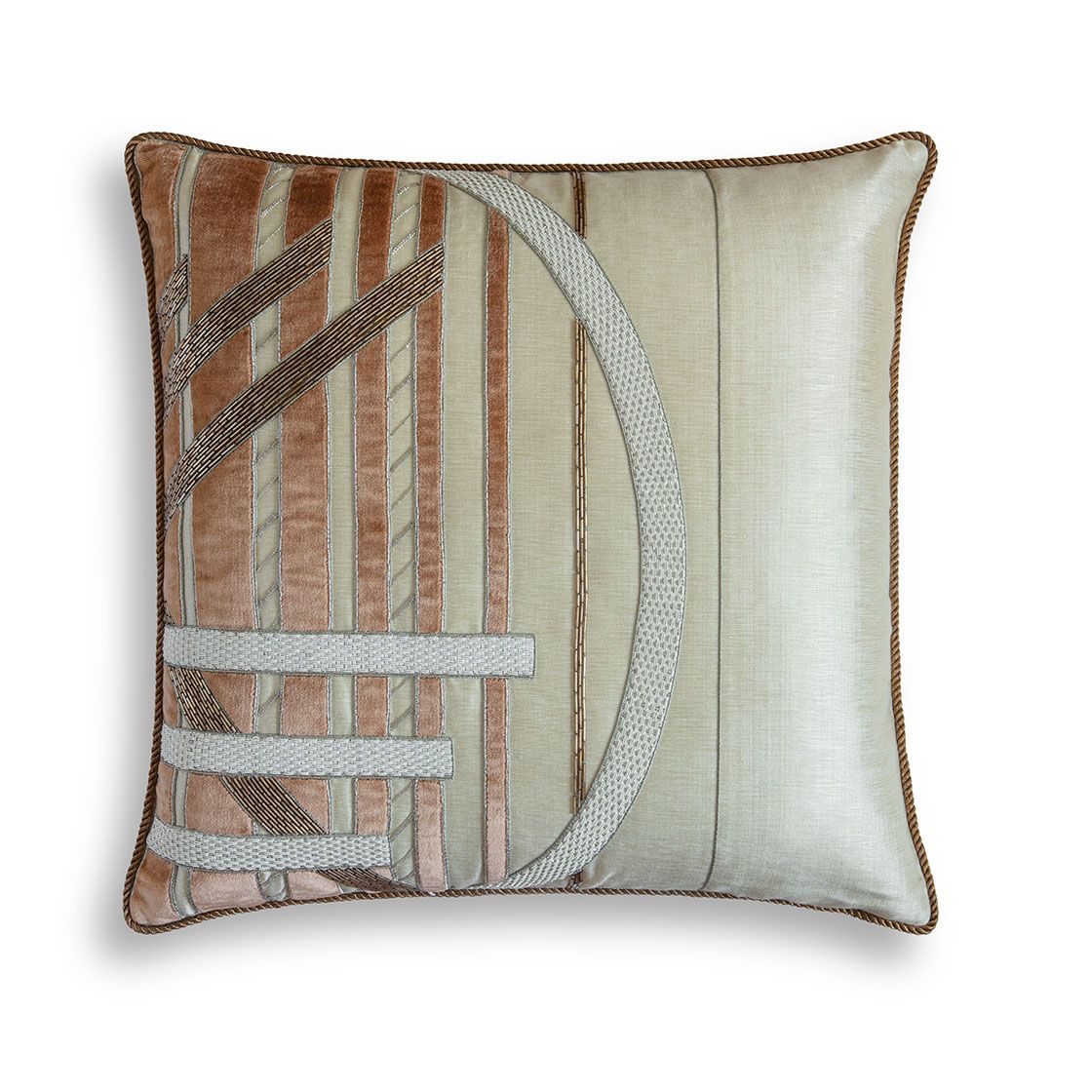 Audrey cushion in Lagan - Light gold with Capri silk velvet - Copper applique - Beaumont & Fletcher