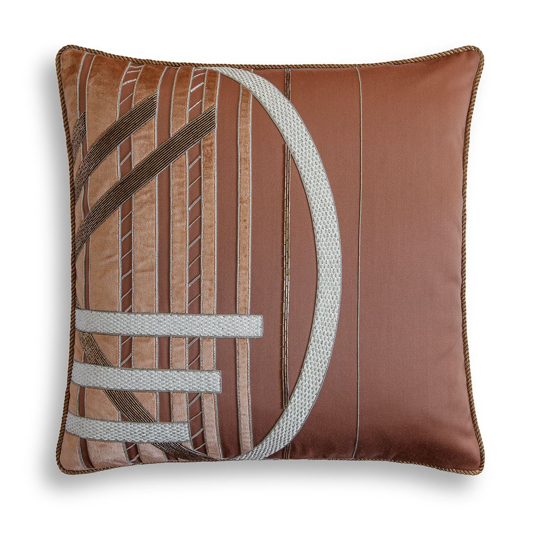Audrey cushion in Eriskay - Clay with Capri silk velvet - Copper applique - Beaumont & Fletcher