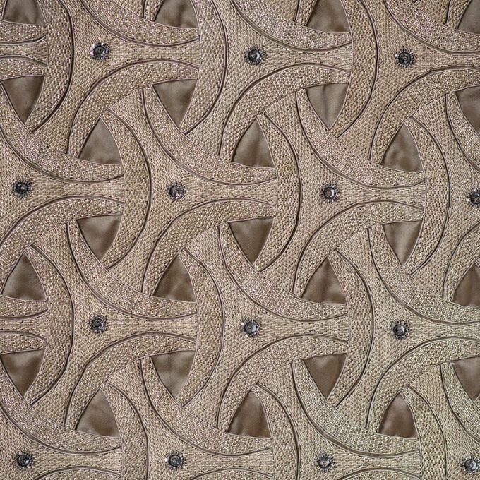 Celtic inspired, chain mail hand embroidered design on olive green satin drapes with bespoke dining chair.