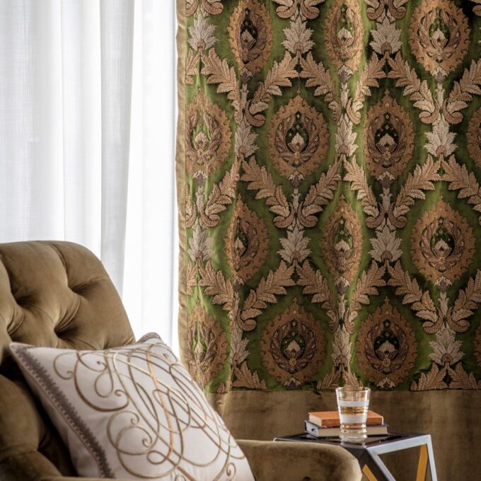 Rossini embroidery on drapes in Capri Silk Velvet - Georgian green