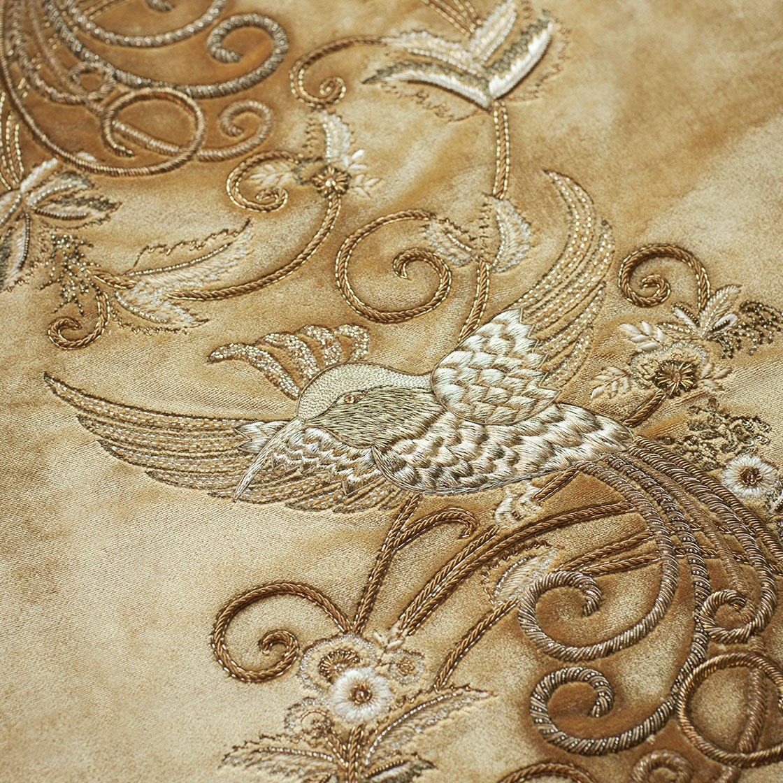 Papageno embroidery in Capri silk velvet - Almond Papageno embroidery in Capri silk velvet - Almond