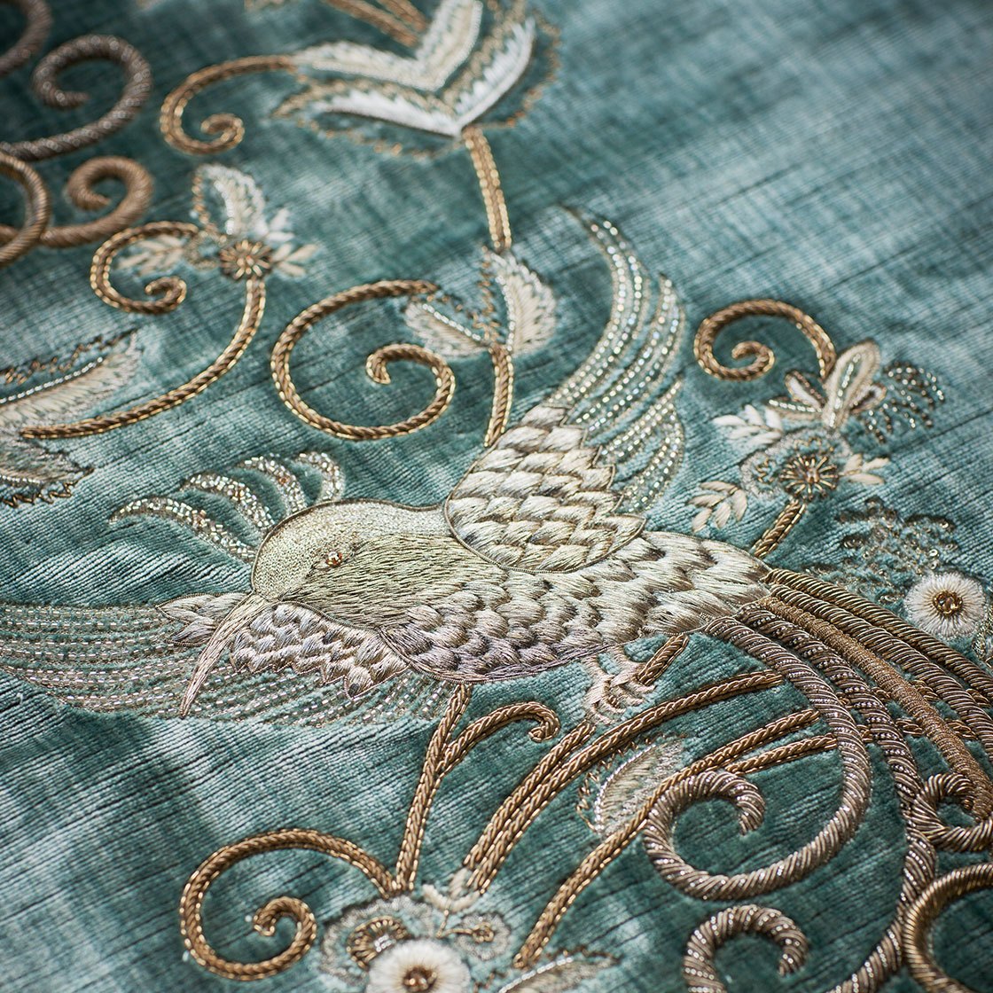 Papageno embroidery in Como silk velvet - Teal