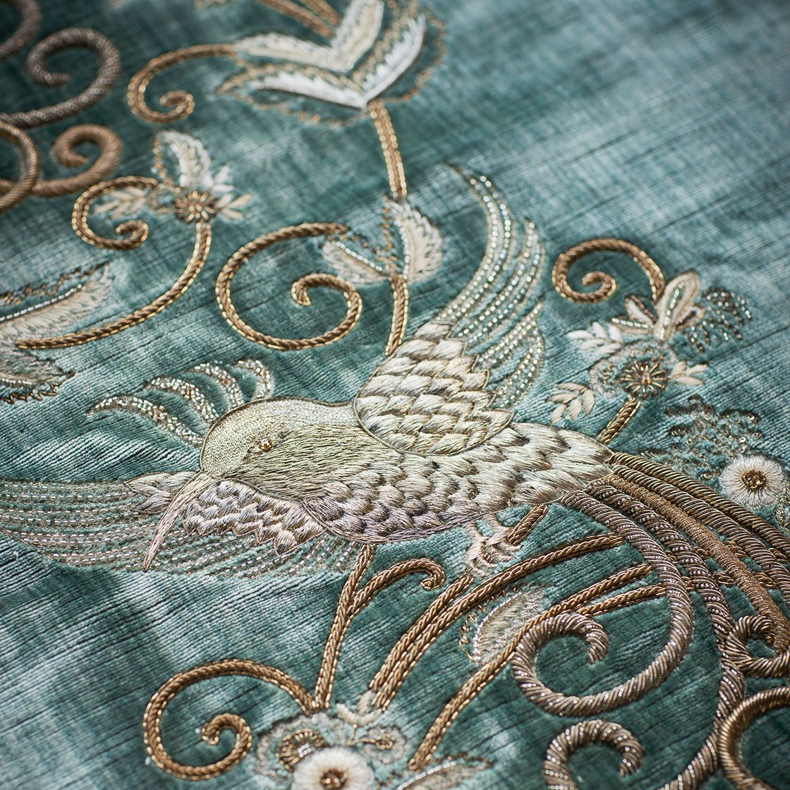 Papageno embroidery in Como silk velvet - Teal Papageno embroidery in Como silk velvet - Teal