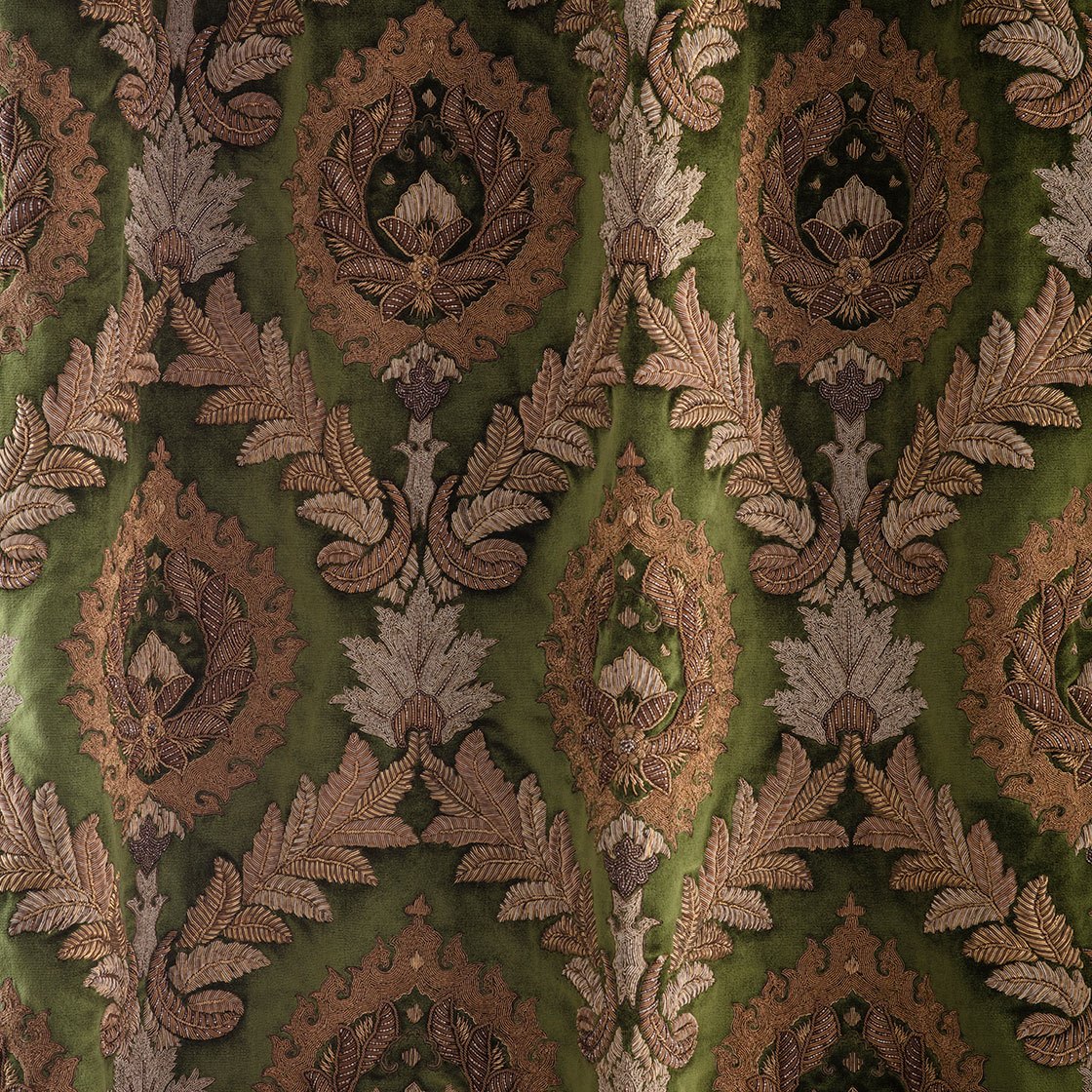 Rossini embroidery on drapes in Capri Silk Velvet - Georgian green