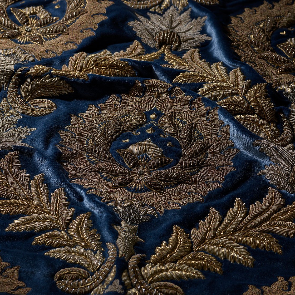 Rossini embroidery on drapes in Capri Silk Velvet - Nankin