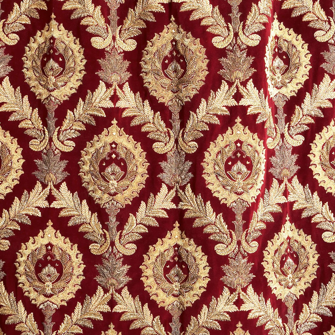 Rossini embroidery on drapes in Capri Silk Velvet - Loganberry