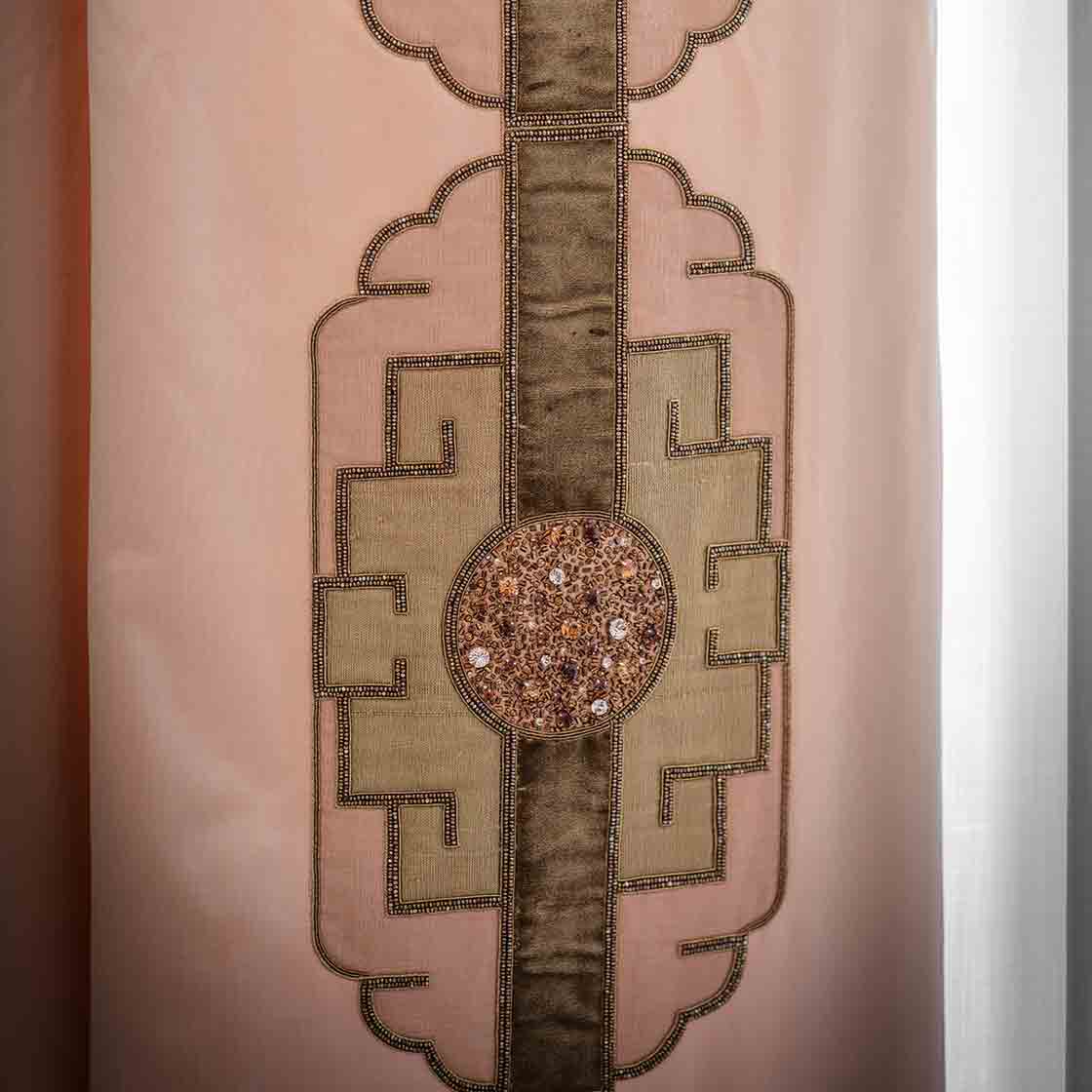 Tamburlaine embroidery on drapes in Lagan Silk - Sugared Almond - Beaumont & Fletcher