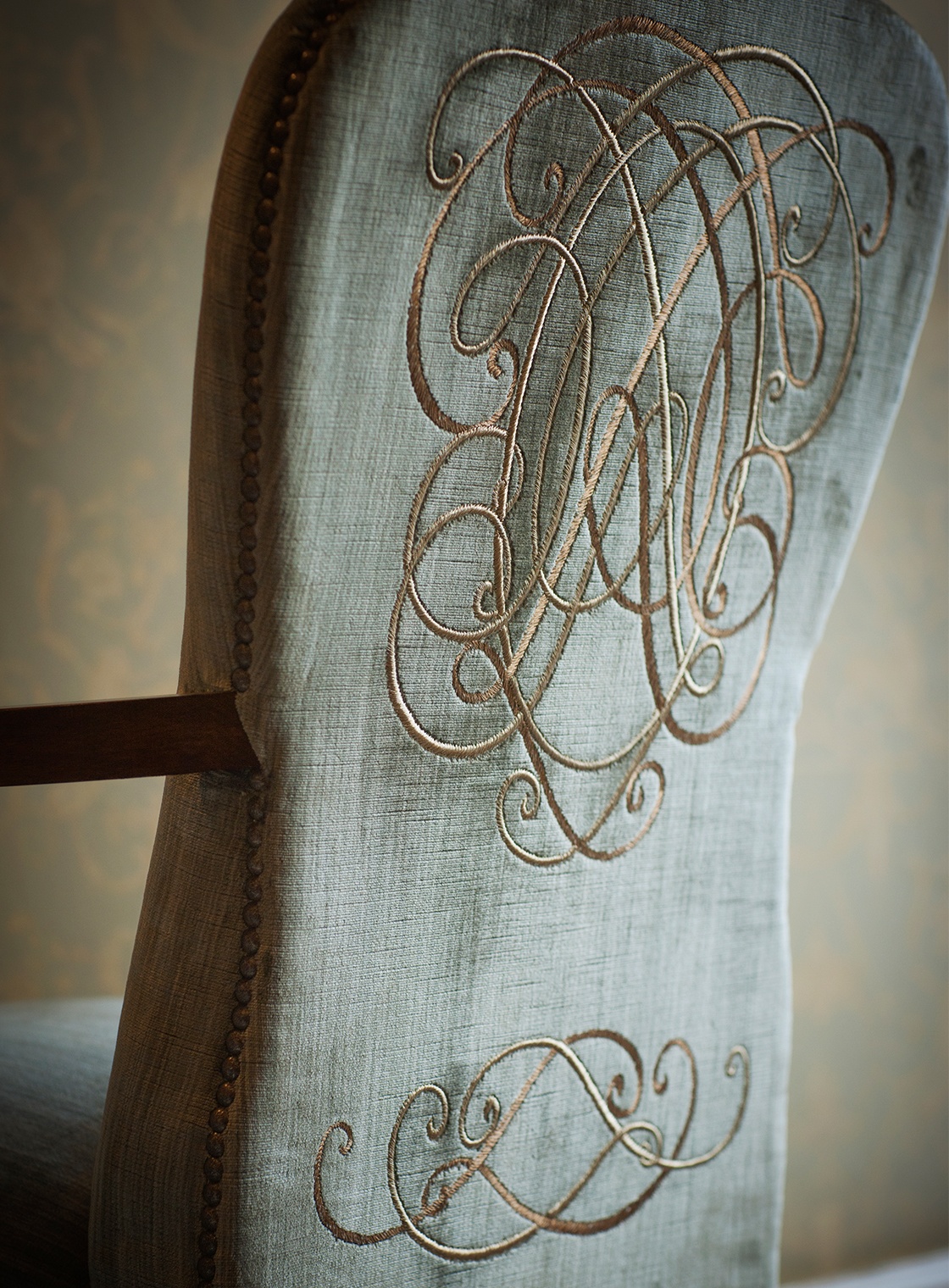 Blake dining chair in Como silk velvet - Moss with Anastasia embroidery - Beaumont & Fletcher