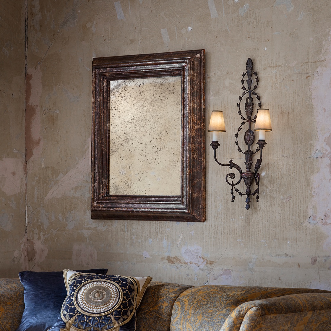 Florentine mirror in Light oxidised real silver with Pompadour sofa and Ettore cushion - Beaumont & Fletcher