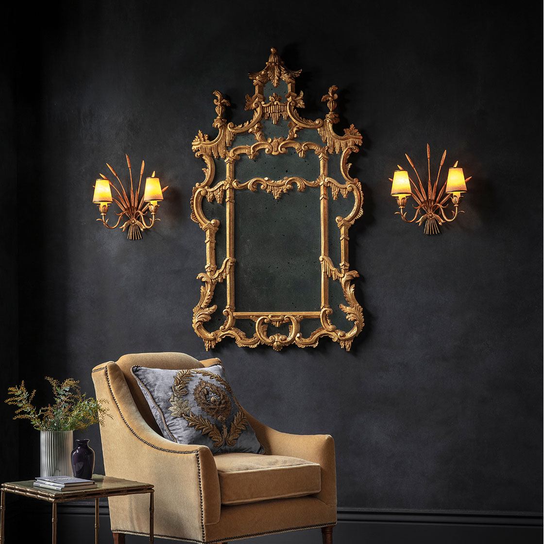 Chinoiserie mirror in Burnt Gold with Alexandra chair and Rossini cushion and Wheatsheaf lights - Beaumont & Fletcher