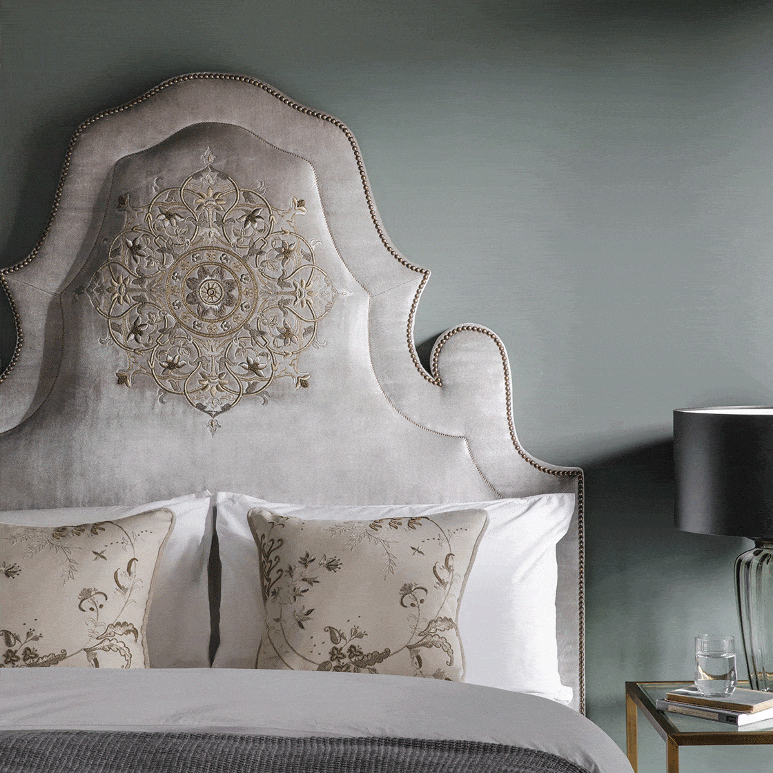 Alhambra headboard with Freya embroidery on Capri silk velvet - Argent with Moliere cushion - Beaumont & Fletcher