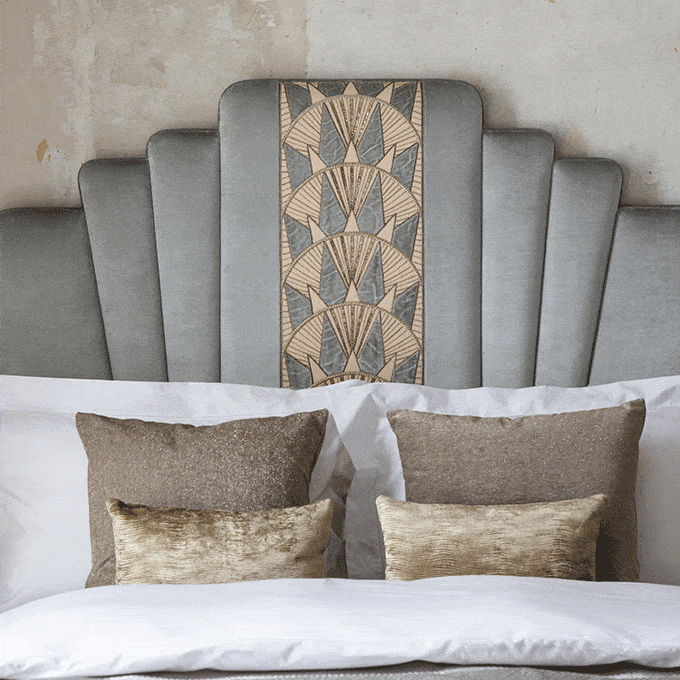 Miami headboard in Capri silk velvet - Glacier with Rockefeller embroidery and bespoke cushions