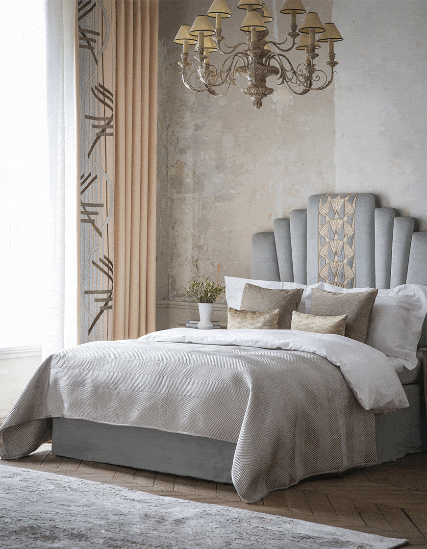 Rockefeller headboard on Eriskay wool - Sand with Capri silk velvet - Glacier and Audrey curtain - Beaumont & Fletcher - Beaumont & Fletcher