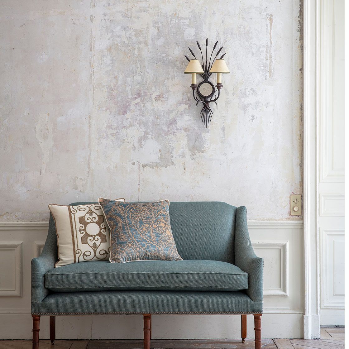 Devon light in Oxidised real silver with Alexandra sofa, Balthazar and Cordoba cushions - Beaumont & Fletcher