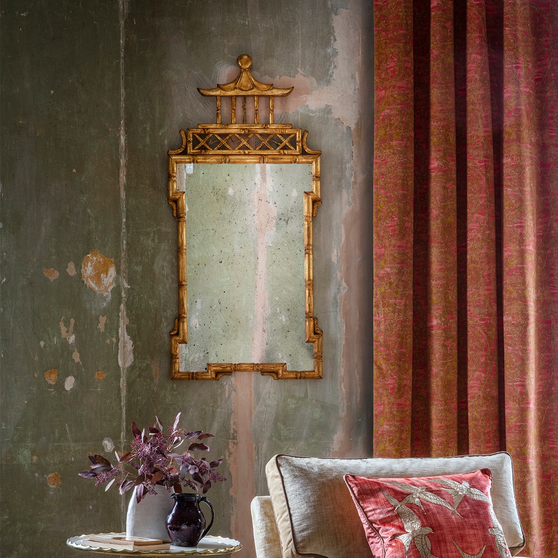 Cathay mirror in Burnt gold with Marlborough chair and Elvira cushion - Beaumont & Fletcher