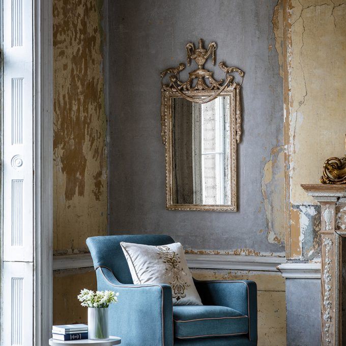 Adam mirror - Distressed silver with Compton chair in Donegal - Urban green