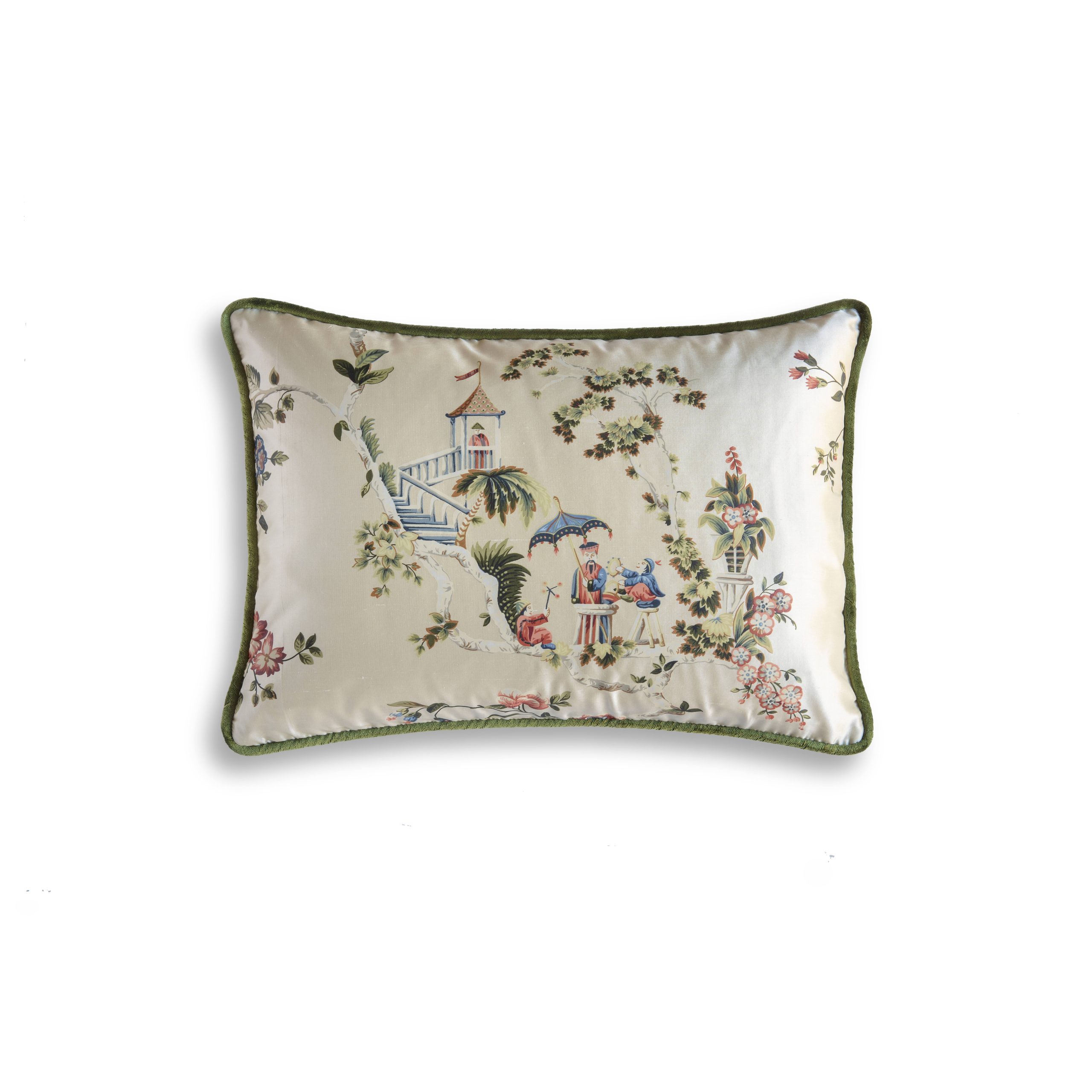 Cathay cushion - Ivory garden backed and piped in Capri silk velvet - Georgian green - Beaumont & Fletcher