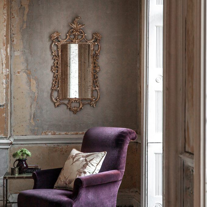 Chippendale mirror in Burnt Gold with Palmerston chair and Elvira cushion